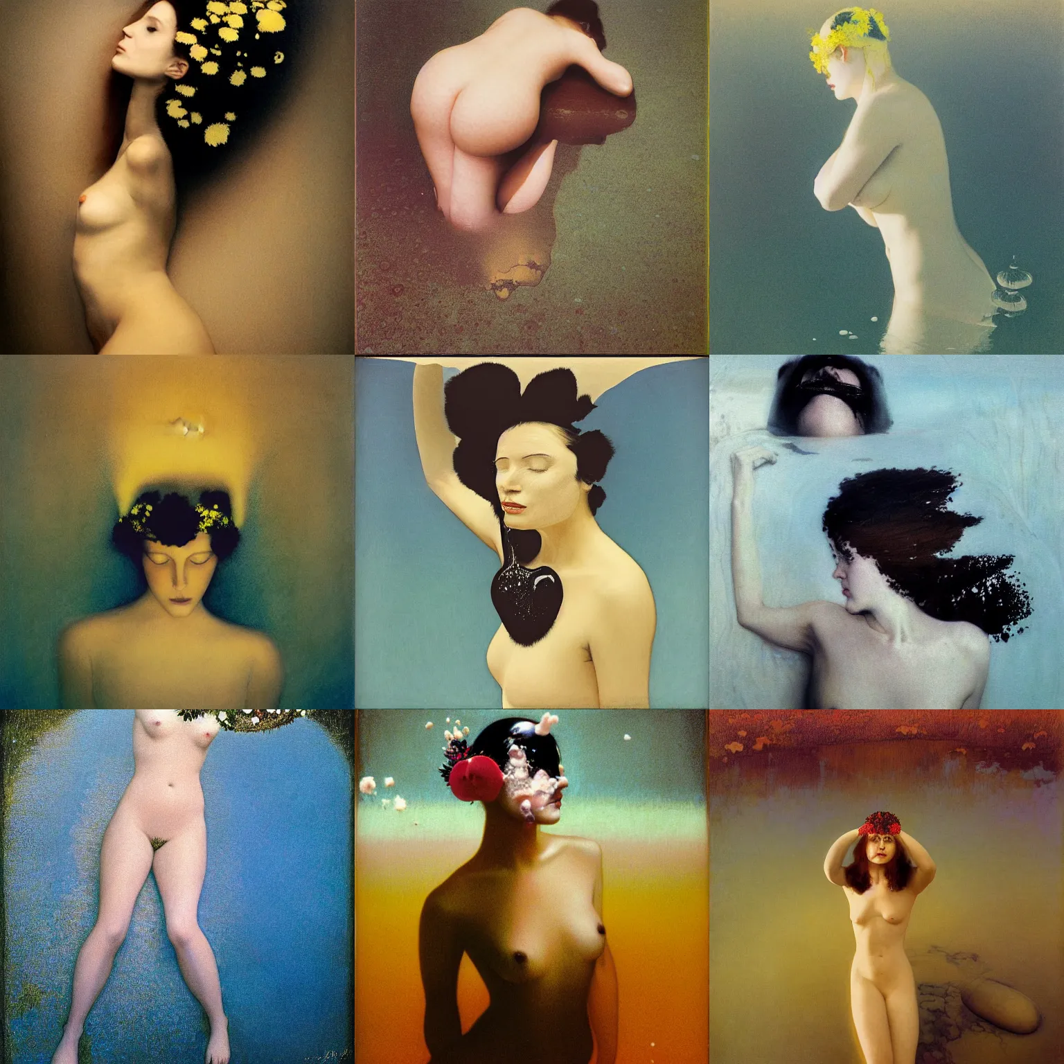 Prompt: melting woman emerging from river of milk and ferrofluid, kodak portra, 8 k, soft light, fine art portrait photography, flower crown, fashion photography, maxfield parrish, camille vivier, moebius, james jean, yoji shinkawa, odilon redon, gaston bussiere, eugene grasset, janis rozentals