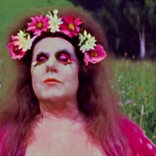 Prompt: 1970 hippie woman on tv show with a long prosthetic nose, wearing a floral robe in a meadow 1970 color archival footage color film 16mm holding a hand puppet Fellini Almodovar John Waters Russ Meyer Doris Wishman