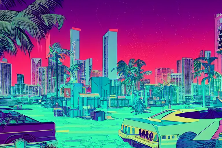 sethmillstein: gorgeous city 80s Vice city synthwave Miami landscape,  artstation winner, 1980s colors, winning-award masterpiece, fantastically  gaudy, aesthetic octane render, 8K HD Resolution