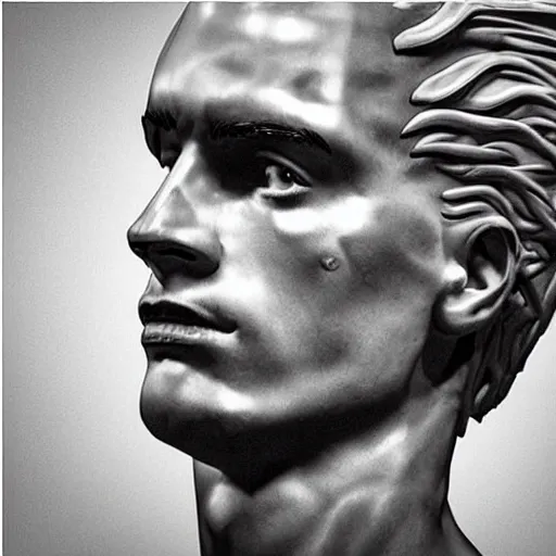 Image similar to “ a realistic detailed photo of a guy who is an attractive humanoid who is half robot and half humanoid, who is a male android, soccer player antoine griezmann, shiny skin, posing like a statue, blank stare, at the museum, on display ”