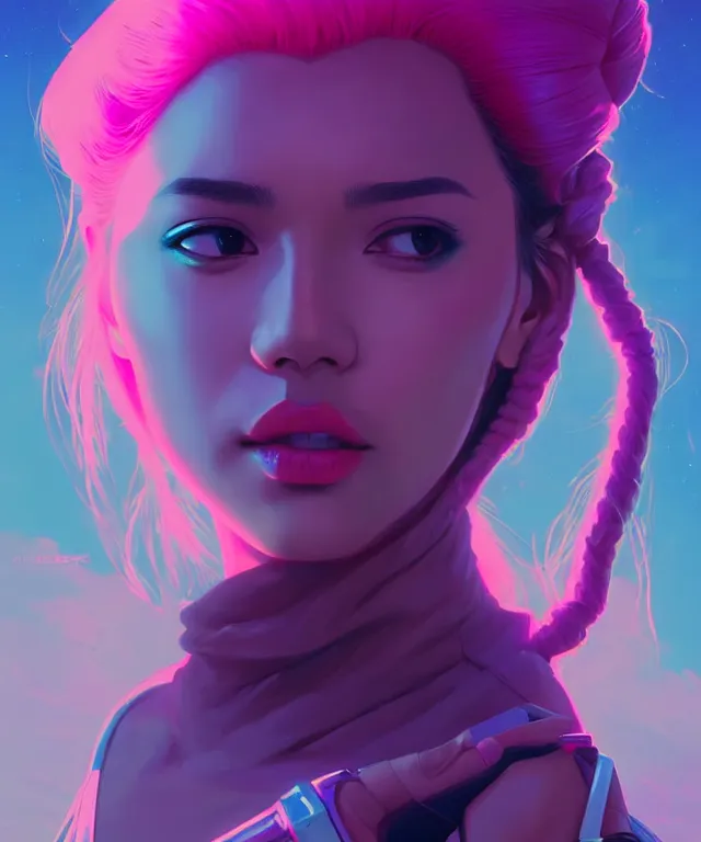 Image similar to beautiful portrait of sana from twice as a sci fi woman, with vaporwave aesthetic by artgerm, yuumei, makoto shinkai, concept art by james gilleard, artstation, cgsociety, synchromism, 8 0 s animation flat cell shaded. with thick black pencil lines!!!!