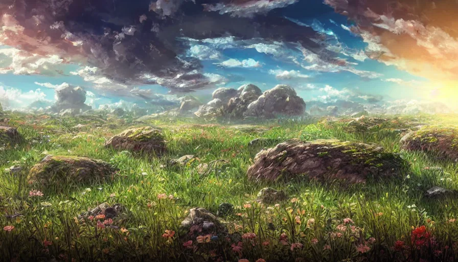 Image similar to the beautiful, dreamy, wistful view of a field after war filled with death and rocks. hyperrealistic anime background illustration, colorful, extremely detailed intricate linework, smooth, super sharp focus, bright colors, high contrast, matte, octopath traveler, unreal engine 5 highly rendered, global illumination, radiant light