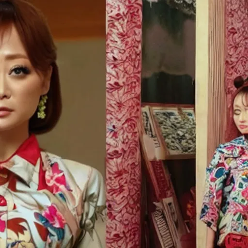 Image similar to Ayumi Hamasaki wearing batik shirt , film still, best scene,