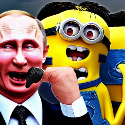 Image similar to vladimir putin biting a minion head, highly detailed