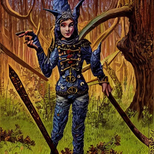 Image similar to moonshine cybin, buxom epic level dnd wood elf spore druidess, wielding a magical sword, wearing magical overalls. covered in various fungi. full character concept art, realistic, high detail digital painting by angus mcbride and michael whelan and michael william kaluta.