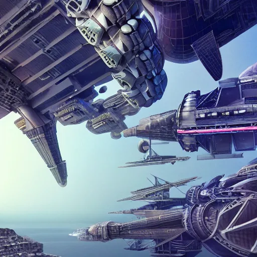 Prompt: cinematic still of hyper detailed greeble hard surface modelled 3 d, afro futurist, spaceport, biplanes flying, airships, surrealist vechicles, deep perspective, wide angle, insanely detailed and intricate, a cyborg looks over it all, pastel color palette, bill sienkiewicz