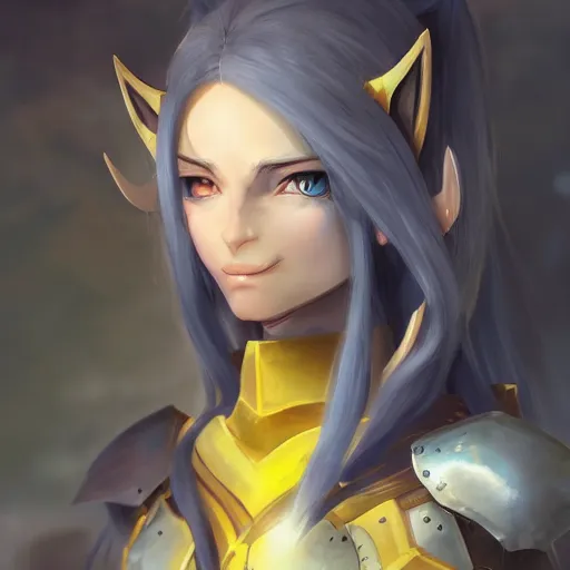 Prompt: a night elf girl with grey skin, yellow eyes and hair, ponytail, wearing armor, highly detailed, digital painting, artstation, matte, by makoto shinkai, animation style