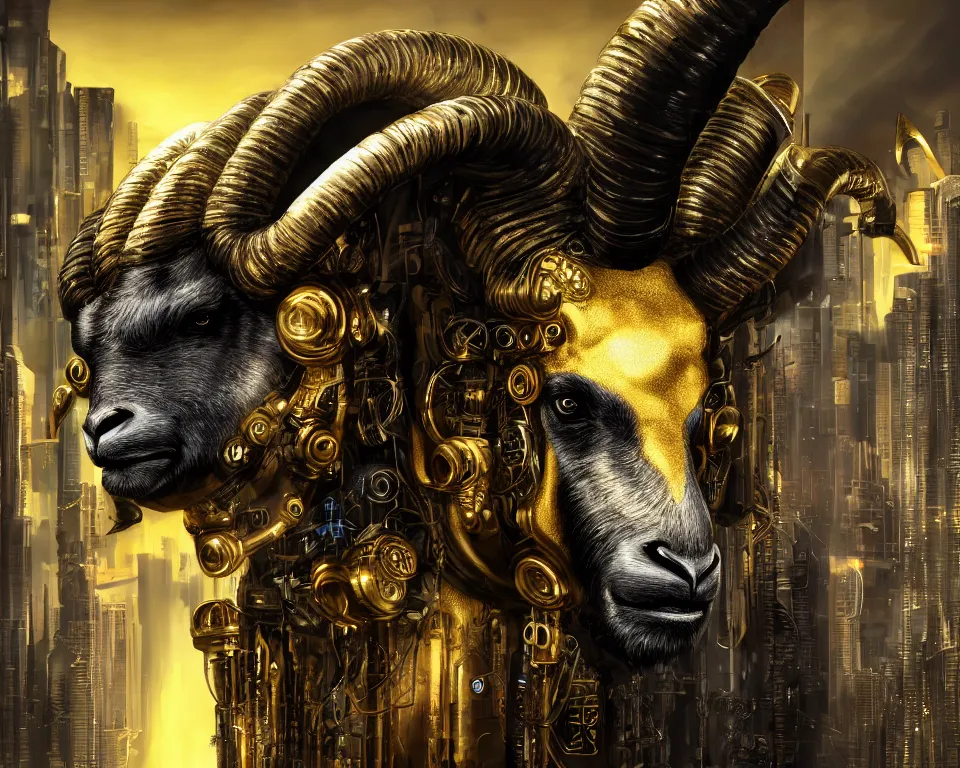 Prompt: cyberpunk Black ram with golden horns portrait, detailed face and eyes, city background, by Anne Stokes, 8K DoP