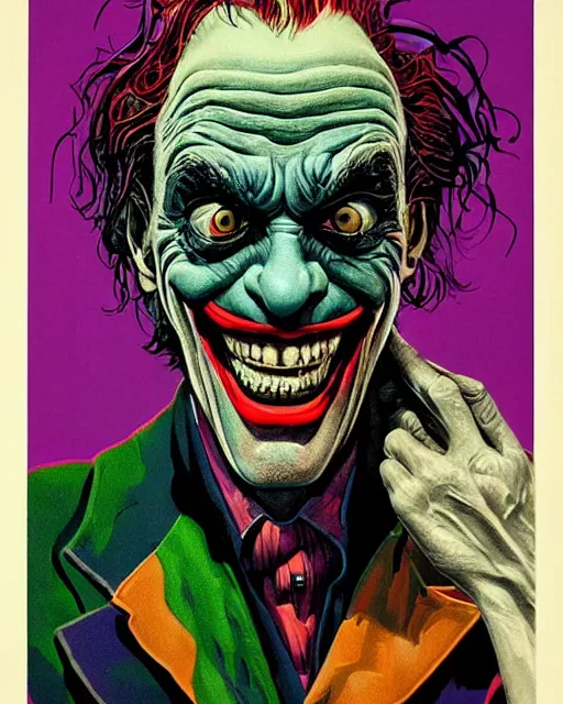 Image similar to christopher lloyd as the joker, big smile, grotesque, horror, high details, bright colors, striking, intricate details, by vincent di fate, artgerm julie bell beeple, 1 9 8 0 s, inking, vintage 8 0 s print, screen print