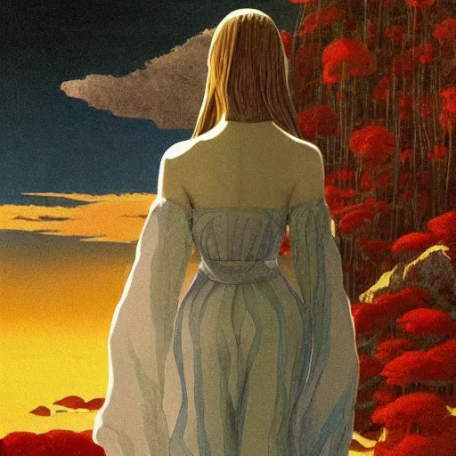 Prompt: Elle Fanning in the painted world of Studio Ghibli and Bruce Pennington, head and shoulders masterpiece, apocalypse, golden hour, cosmic horror, artstation, in the style of Andrew Wyeth and Edward Hopper and Bosch, extremely detailed