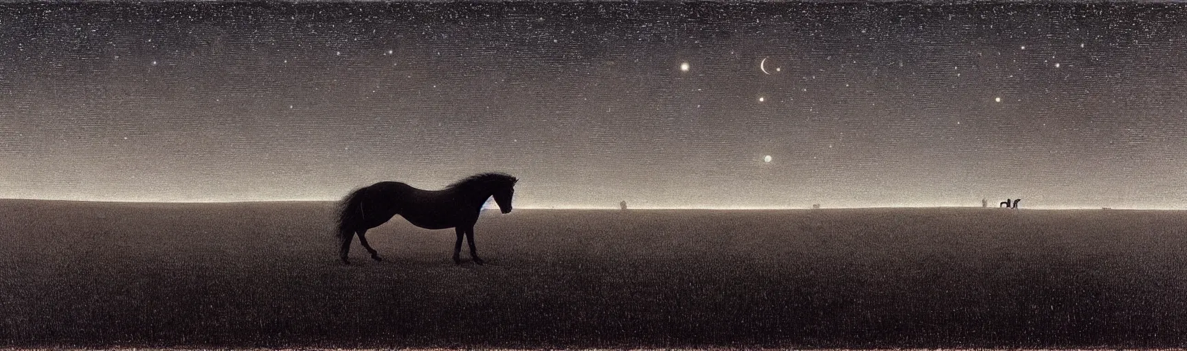 Image similar to black horse running through the starry nighty in a romantic night landscape, caspar david friedrich, arkhip kuindzhi, twilight, Edward Hopper, Giorgio de Chirico, Zdzislaw Beksinski,