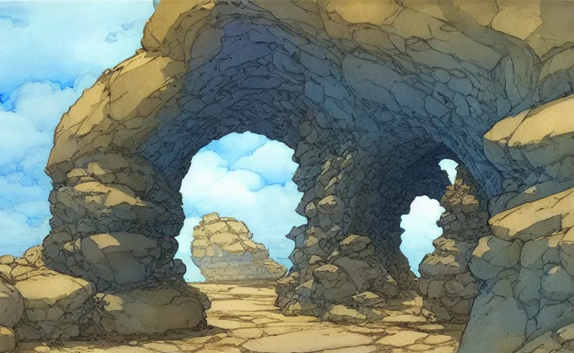Prompt: a hyperrealist watercolour concept art of a dimensional time portal in the shape of a large rock arch. by rebecca guay, michael kaluta, charles vess and jean moebius giraud. high detail, hq, wide shot