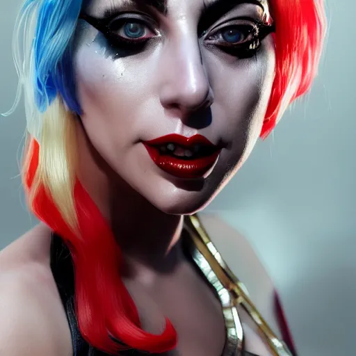 Image similar to a close up of lady Gaga as Harley Quinn by Greg Rutkowski, Sung Choi, Mitchell Mohrhauser, Maciej Kuciara, Johnson Ting, Maxim Verehin, Peter Konig, Zack Snyder, 8k photorealistic, cinematic lighting, HD, high details, dramatic, trending on artstation, full body shot