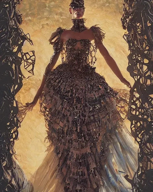 Image similar to fashion model walking down a catwalk, elaborate dress by alexander mcqueen, beautiful feminine face, art by michael whelan and chris moore and howard david johnson and tim white and dan giancola