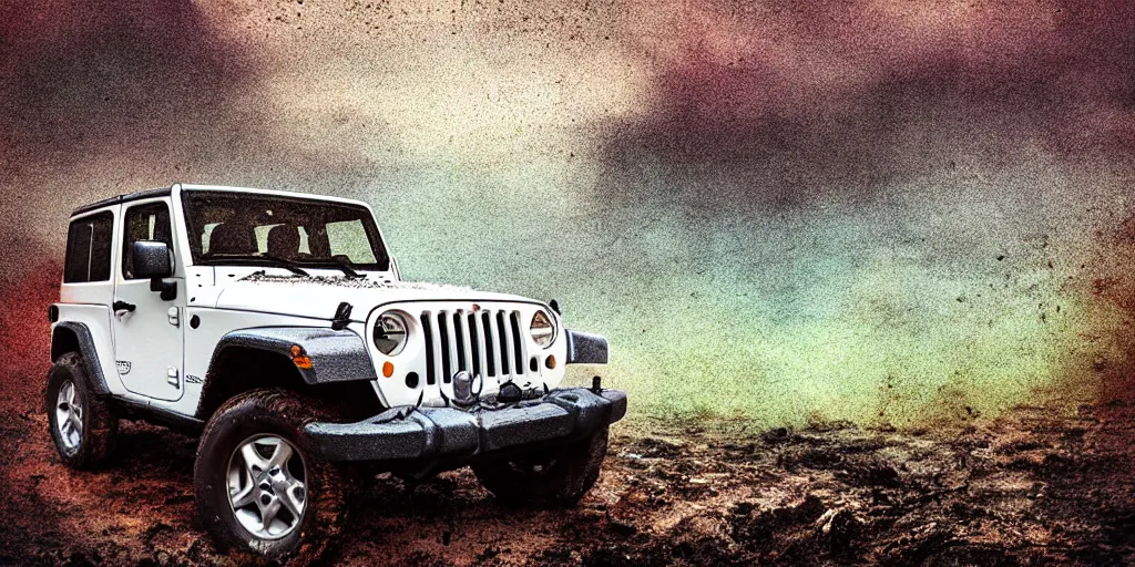 Image similar to a muddy 1997 hardtop white Jeep Wrangler drowning in quicksand, digital art, beautiful iridescent fog swallows the dirty swamp, gritty, cinematic, extraordinary colorful landscape, photorealistic, soft vintage glow