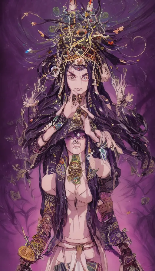 Prompt: tribal priestess, female figure, kimetsu no yaiba, tori, cosmos, galaxy, purple, opalescent ，magical ， symmetrical, dark fantasy, detailed intricate , soft design， atmosphere，by Peter Mohrbacher and Kentaro Miura， high details, artstation, cinematic lighting, epic vibe, epic concept art, photorealistic, environment, volumetric lighting, super wide angle, ultra wide angle