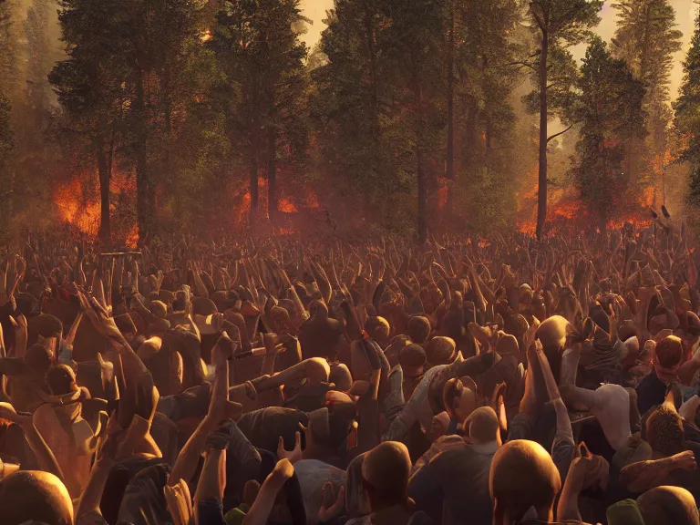 Prompt: brutal mosh pit in a forest fire, 8 k, ultra realistic, lens flare, atmosphere, glow, detailed, intricate, full of colour, cinematic lighting, trending on artstation, 4 k, hyperrealistic, focused, extreme details, unreal engine 5, cinematic, masterpiece