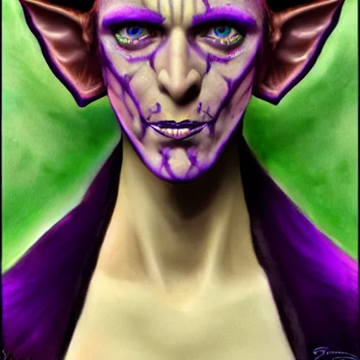 Image similar to a frightening, beautiful elf with violet skin, a scarred face, a bob haircut, and bushy eyebrows, smirking, in the style of jason edmiston