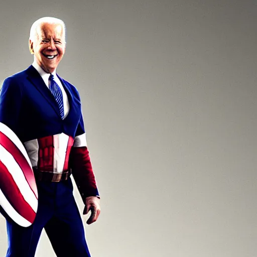 Image similar to a photographic still of Joe Biden starring as Captain America, cinematic