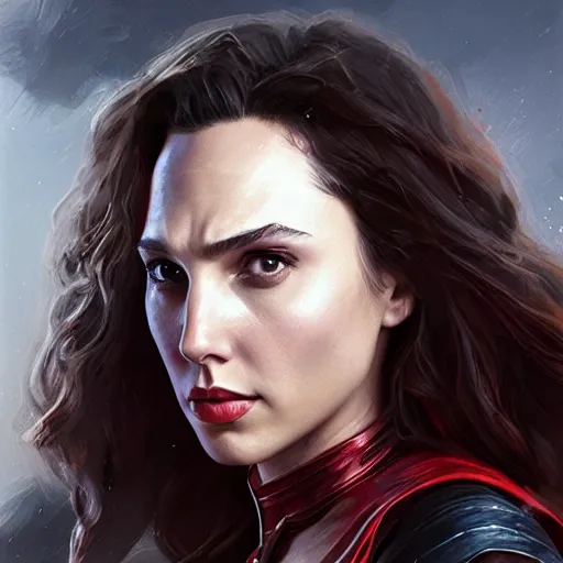 Image similar to a potrait of Gal Gadot as Scarlet witch by Greg Rutkowski, Sung Choi, Mitchell Mohrhauser, Maciej Kuciara, Johnson Ting, Maxim Verehin, Peter Konig, 8k photorealistic, cinematic lighting, HD, high details, dramatic, trending on artstation, full body shot