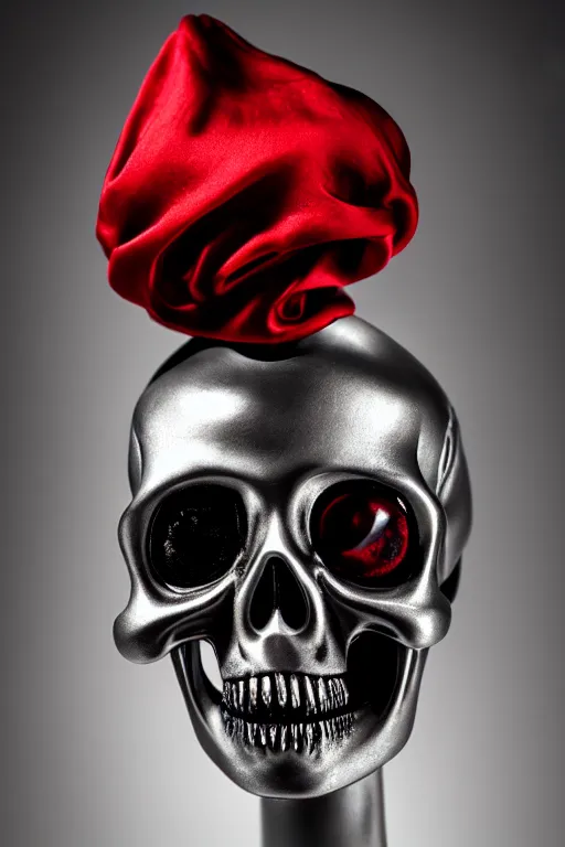 Prompt: chrome one eyed cyclop cracked skull statue layed on a red silk fabric, by hedi xandt and antonio corradini, macabre art, dark surrealism, epic and cinematic view, volummetric light, texturized, detailed, 8 k