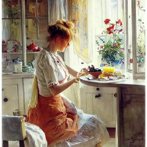 Image similar to beautiful blonde woman making breakfast morning painting volegov carl larsson