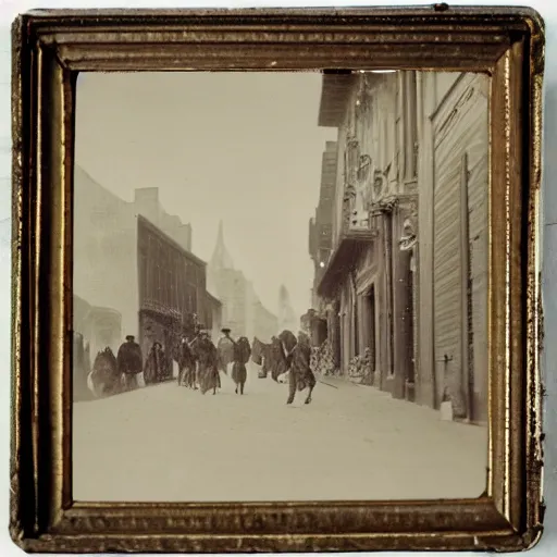 Prompt: street photograph from the 1700s, faded, blurry, first ever photograph