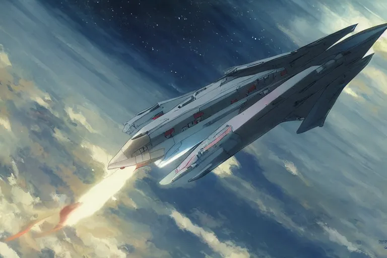 Prompt: 2 0 0 1 space odyssy space fighter jet in orbit by greg rutkowski makoto shinkai takashi takeuchi studio ghibli, akihiko yoshida