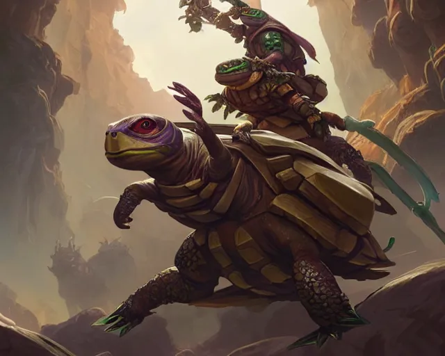 Image similar to battle turtles, deep focus, d & d, fantasy, intricate, elegant, highly detailed, digital painting, artstation, concept art, matte, sharp focus, illustration, hearthstone, art by artgerm and greg rutkowski and alphonse mucha