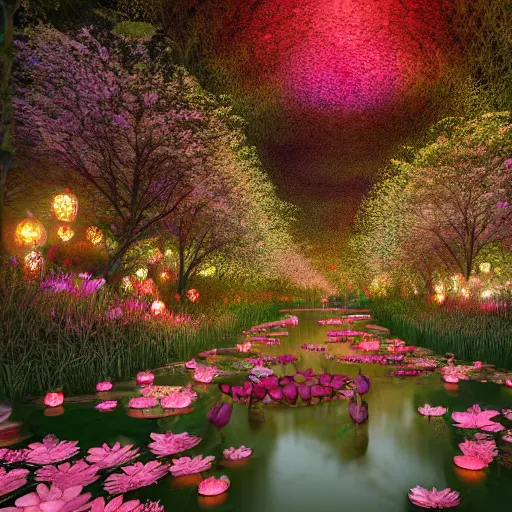 Image similar to photorealistic beautiful lotus blossom forest at dusk with paper lanterns illuminating a cobblestone pathway. hyperdetailed photorealism, 1 0 8 megapixels, koi pond, amazing depth, glowing rich colors, powerful imagery, psychedelic overtones, 3 d finalrender, 3 d shading, cinematic lighting, artstation concept art