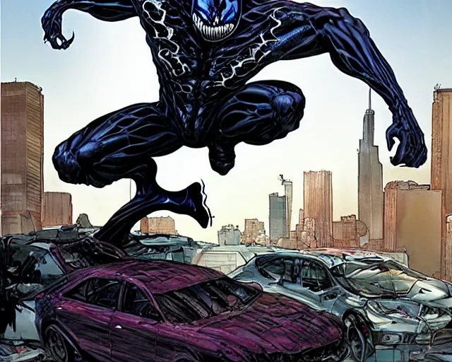 Prompt: Venom standing on top of a wrecked car in the city, open arms art by Clayton Crain, Javier Garron and Gerardo Sandoval