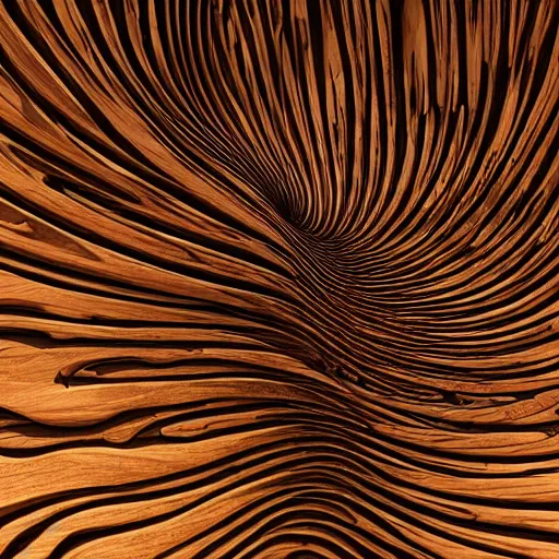 Image similar to a very intricate wood sculpture in the shape and texture of waves, fractal patterns, deep and expressive grain patterns, volumetric lighting, light rays, photorealistic, ultrarealistic, coronarender, 8k