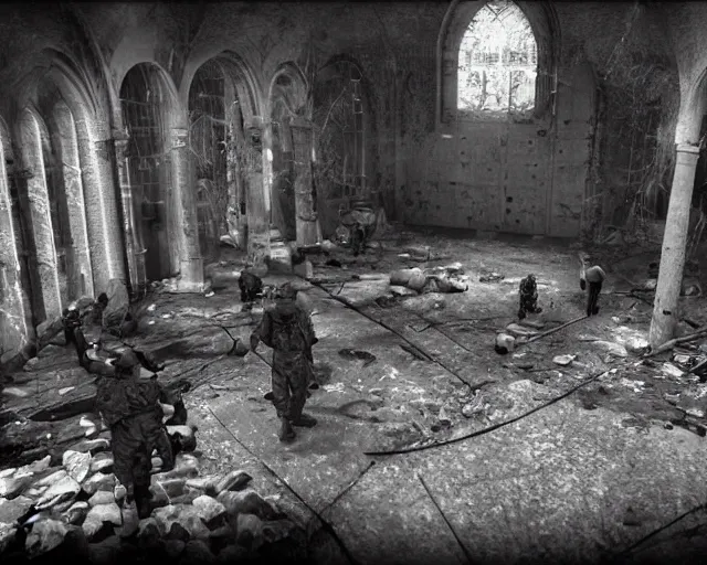 Prompt: game screenshot of a group of soldiers in an abandoned church, high exposure, dark, monochrome, camera, grainy, CCTV, security camera footage, timestamp, zoomed in, fish-eye lense, source engine footage, L4D screenshot, steam community