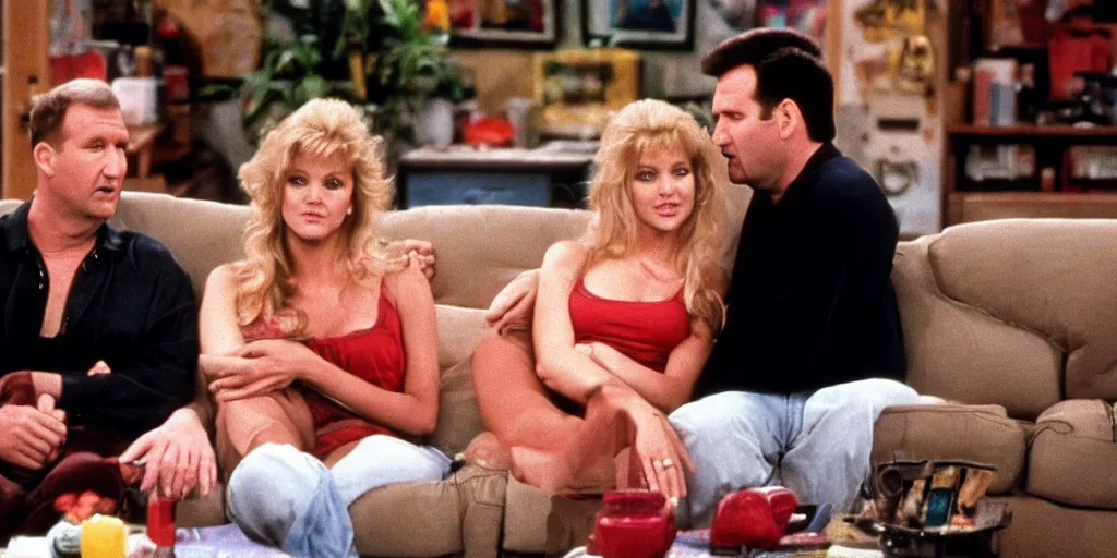 Image similar to Kelly Bundy sitting next to Al Bundy on the couch, Married with children (1989)