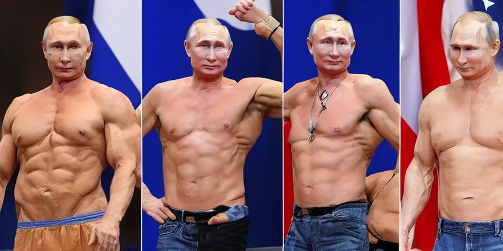 Image similar to trump, putin, muscular, oiled