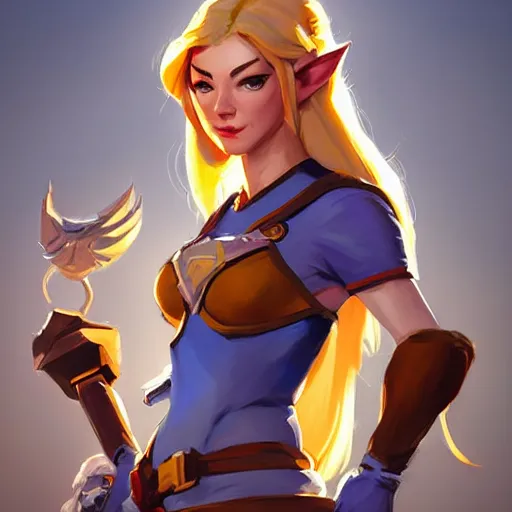 Image similar to greg manchess portrait painting of zelda as overwatch character, medium shot, asymmetrical, profile picture, organic painting, sunny day, matte painting, bold shapes, hard edges, street art, trending on artstation, by huang guangjian and gil elvgren and sachin teng