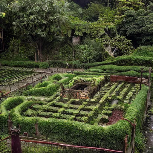 Image similar to highly detailed vegetable garden las pozas, lots of leaves, fence line, detailed. rule of thirds. intricate. sharp focus. wide angle. unreal engine 8 k. renaissance painting, wlop, cinematographer jim jarmusch, film noir