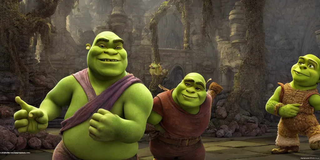 Image similar to shrek versus god, marble, realistic 4 k octane beautifully detailed render, 4 k post - processing, highly detailed, intricate complexity, epic composition, magical atmosphere, cinematic lighting, masterpiece, ultra hd