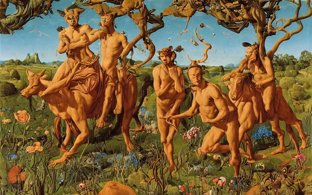 Image similar to a portrait photograph of a meditating satyr and a centaur monk riding a rocket machine and hunting at a river delta. surrounded by bulbous flowers and trees. mountain range under a blue sky of fiery stars. by jan van eyck, max ernst, ernst haeckel, ernst fuchs and artgerm, cgsociety, fashion editorial, 8 k