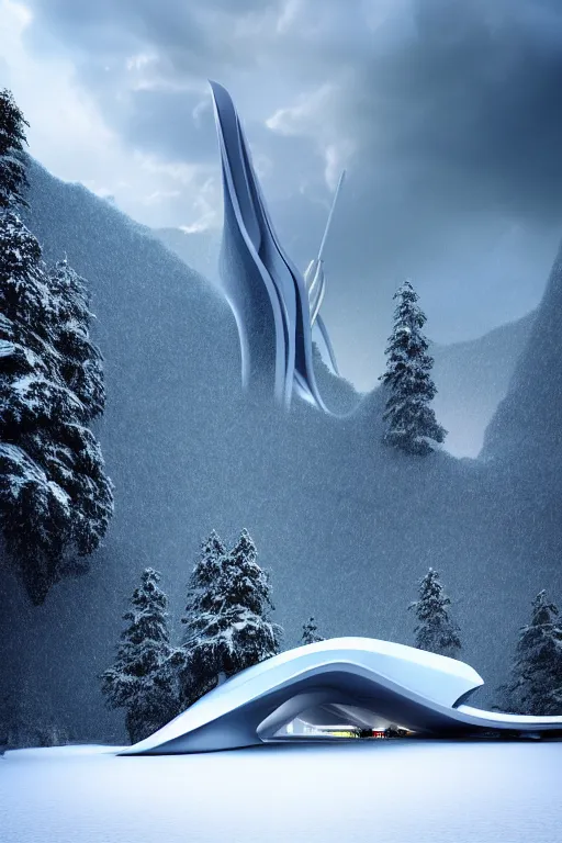 Image similar to a futuristic scene in front of a zaha hadid building in the forrest of the french alps in the style of chris moore, stormy weather, cinematic matte painting, extreme detail photo quality, soft colors, snowfall, featured on behance