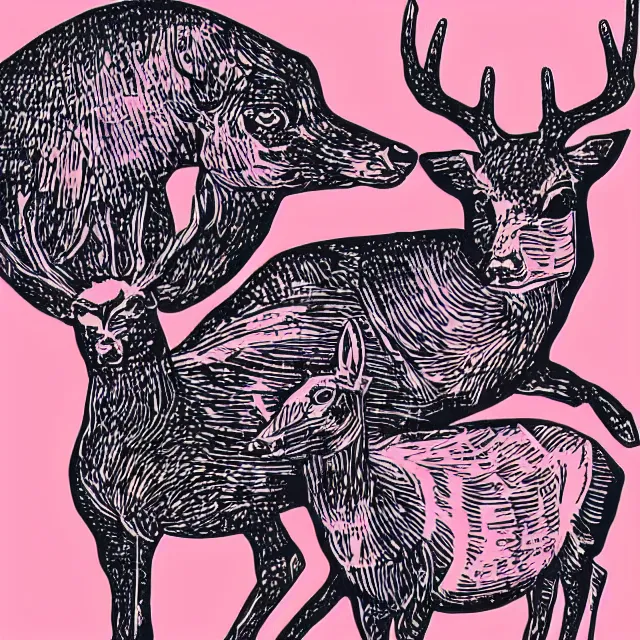 Prompt: linocut of a robot and a deer. pink, black and white color pallette.