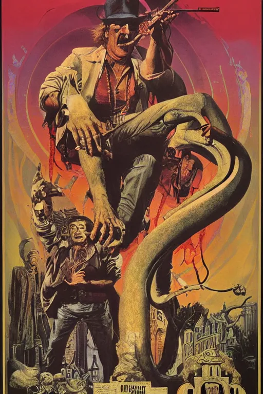 Image similar to poster for the 1 9 7 1 movie'snake oil fiesta ', directed by federico fellini, starring donald sutherland and uncle aloysius, art direction by wayne barlowe, glenn fabry and frank frazetta, cinematography by robby muller ), crisp