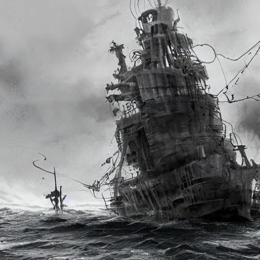 Prompt: an old ship on the bottom of the ocean that sunk long ago. mysterious, intimidating, haunted. horror movie screencap. epic. trending on artstation