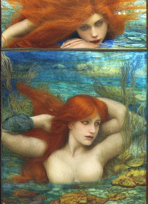 Image similar to under the sea on the seabed amongst the weeds, underwater shot, medium shot, on the bed of the river preraphaelite colour photography by rosetti, 8 k