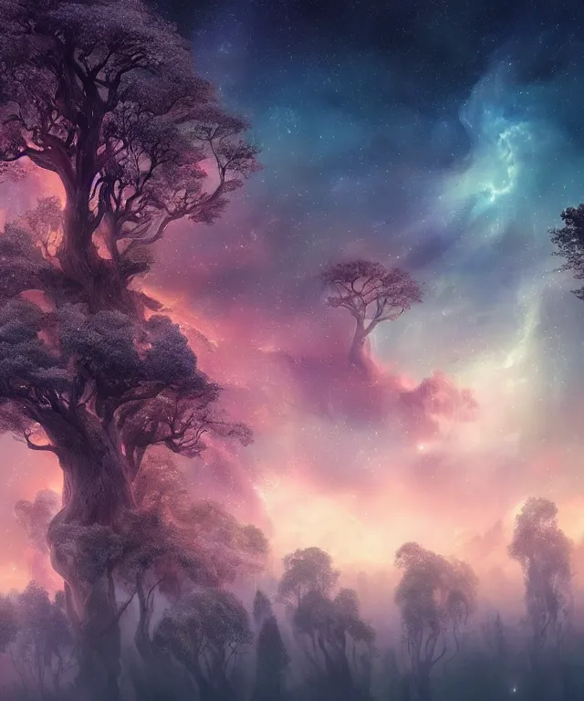 Image similar to a beautiful dreamlike terrain with large twisting trees and the nebula peeking through the sky, digital matte painting by yucong tang