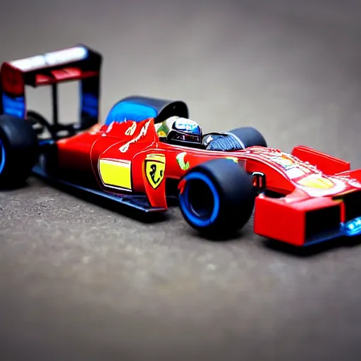 Prompt: photograph, hot wheels, formula 1, ferrari, monza, macro, bokeh