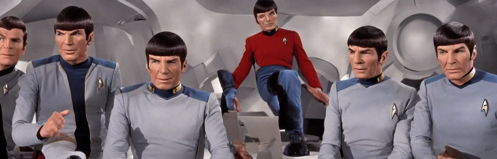 Prompt: a screencap of captain kirk, mr. spock and doctor mccoy on the bridge of the enteprise, in star trek the original series, analog