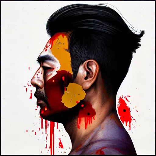 Image similar to side profile of a brown asian man :: side profile :: oxygen mask :: blood and ocean intricate details :: 8k :: by vikings and Sandra Chevrier