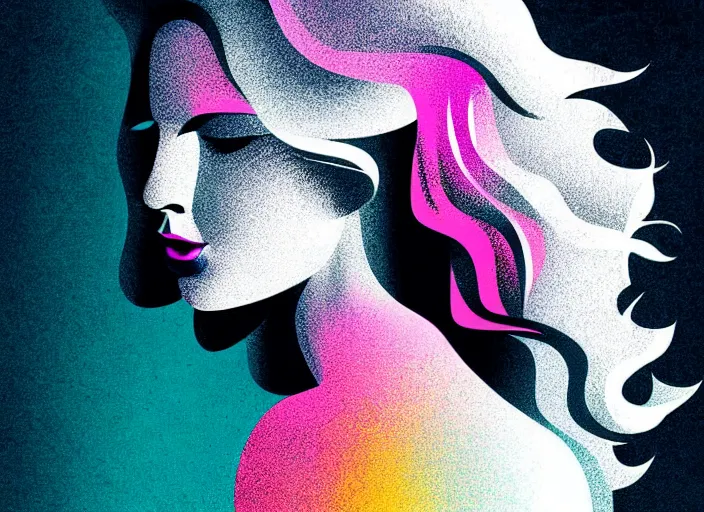 Image similar to editorial illustration by Mads Berg andKarolis Strautniekas ,portrait of a young girl flowing white hair, colorful,modern art deco,, stippled light, fine texture, editorial illustration, dramatic lighting, dynamic composition, detailed, matte print, dynamic perspective, cinematic, film noir