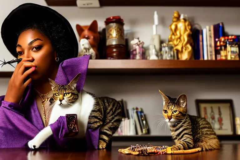 Image similar to 2 0 2 2 photo, close up portrait, dramatic lighting, concentration, calm confident african american teen witch and her cat, tarot cards displayed on the table in front of her, sage smoke, magic wand, a witch hat and cape, apothecary shelves in the background, alphonse mucha